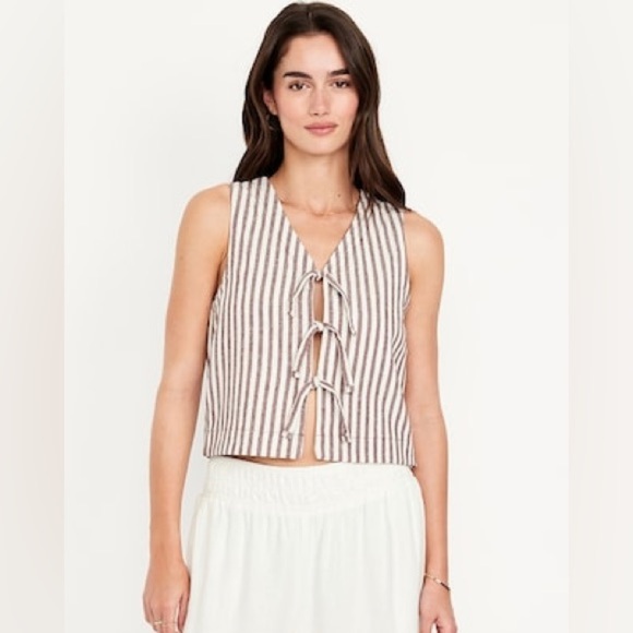 Old Navy Sleeveless Tie Front Blouse Brown White Stripe Linen Med Cottagecore - Picture 1 of 9